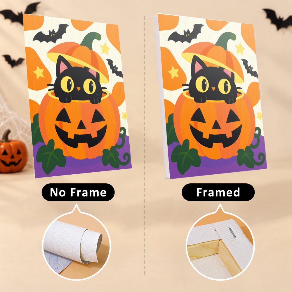 Checkered Cat Pumpkins mini canvas shown rolled without a frame and pre-stretched on a frame