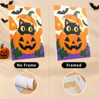 Checkered Cat Pumpkins mini canvas shown rolled without a frame and pre-stretched on a frame