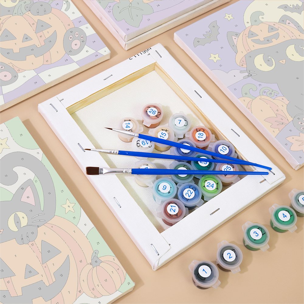Numbered paint pots and brushes on a pre-stretched Checkered Cat Pumpkins mini canvas