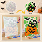 Before and after of a Checkered Cat Pumpkins mini paint by numbers canvas