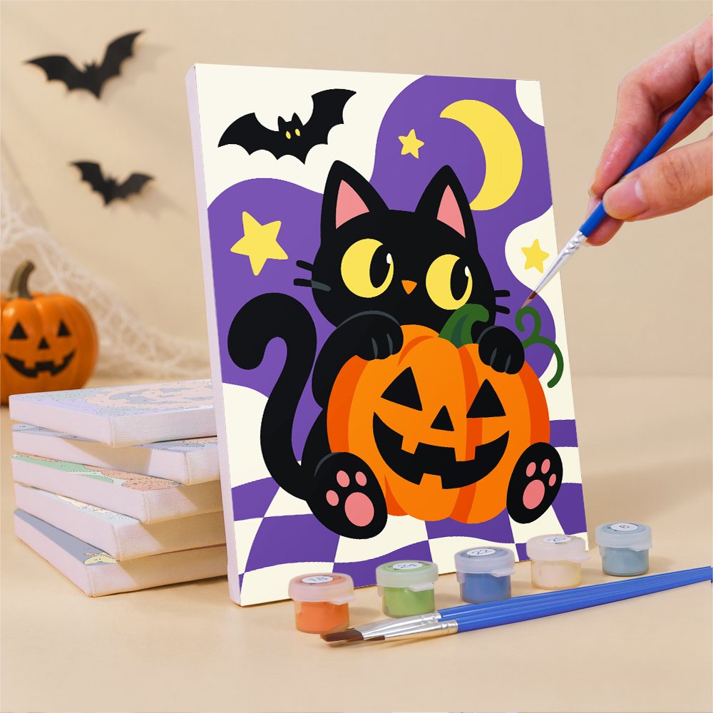 Painting a Checkered Cat Pumpkins mini canvas propped up beside numbered acrylic paints