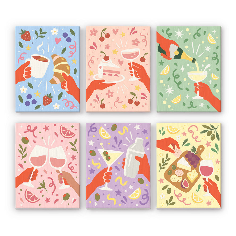 Cheers and Treats mini paint by numbers set: six pastel designs of hands toasting with coffee, cake, champagne, wine, martinis and a cheese board