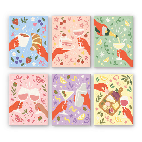 Cheers and Treats mini paint by numbers set: six pastel designs of hands toasting with coffee, cake, champagne, wine, martinis and a cheese board