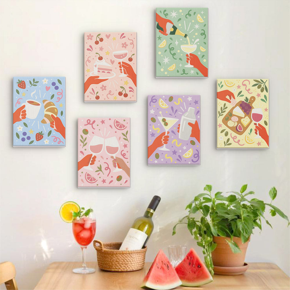 Six finished Cheers and Treats mini paintings hung on a wall above a table