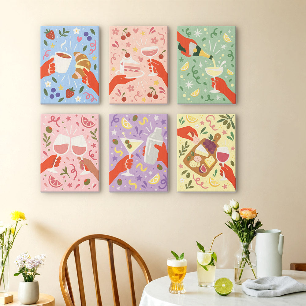 Cheers and Treats mini paintings displayed as a gallery wall in a sunny kitchen