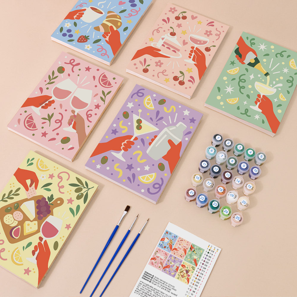 Cheers and Treats mini paint by numbers kit with six numbered canvases, acrylic paints, brushes and layout