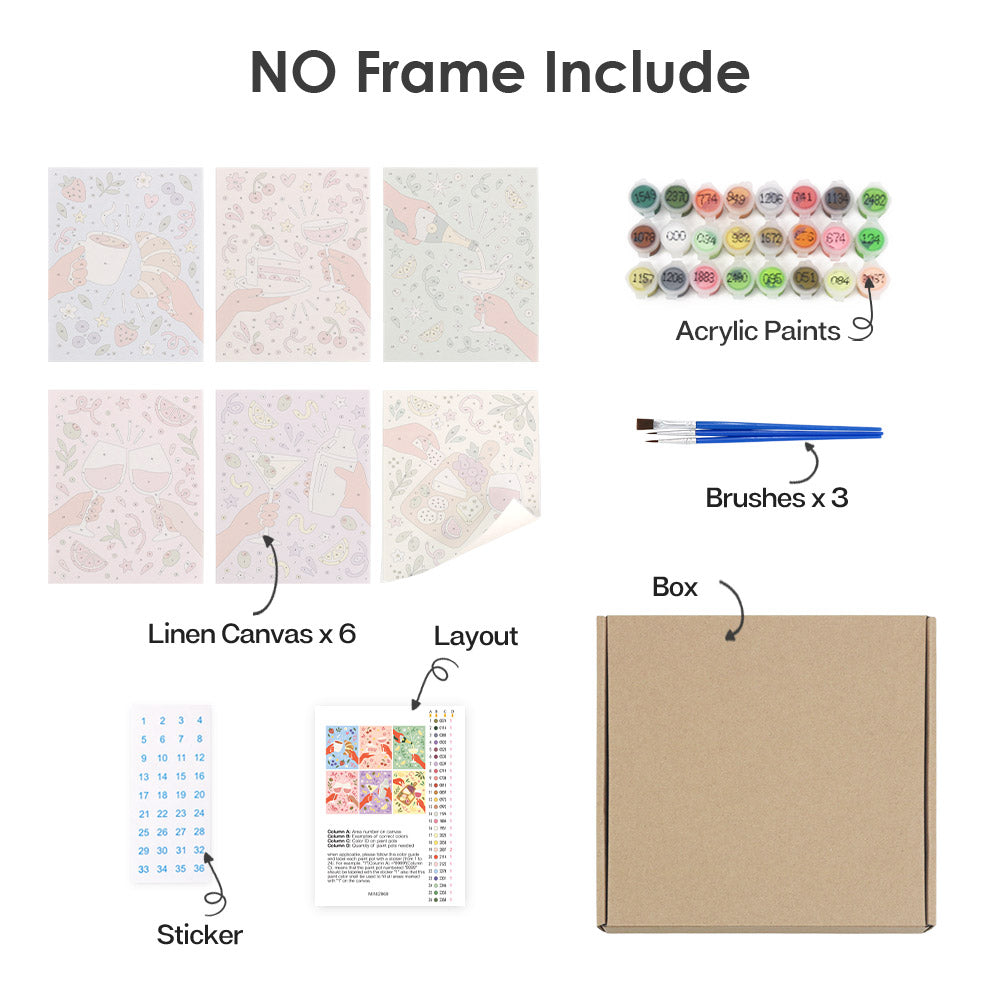 What's included without a frame: six rolled Cheers and Treats mini canvases, acrylic paints, three brushes and layout