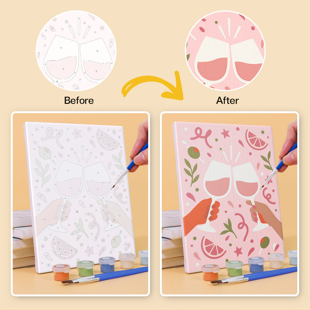 Before and after of a Cheers and Treats mini paint by numbers canvas