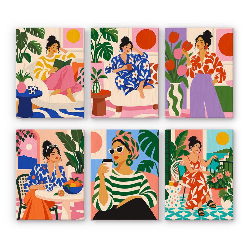 Chic at Home mini paint by numbers set: six stylish women in bold prints relaxing among houseplants and colorful interiors