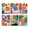 Chic at Home mini paint by numbers set: six stylish women in bold prints relaxing among houseplants and colorful interiors