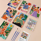 Chic at Home mini paint by numbers kit with six numbered canvases, acrylic paints, brushes and layout