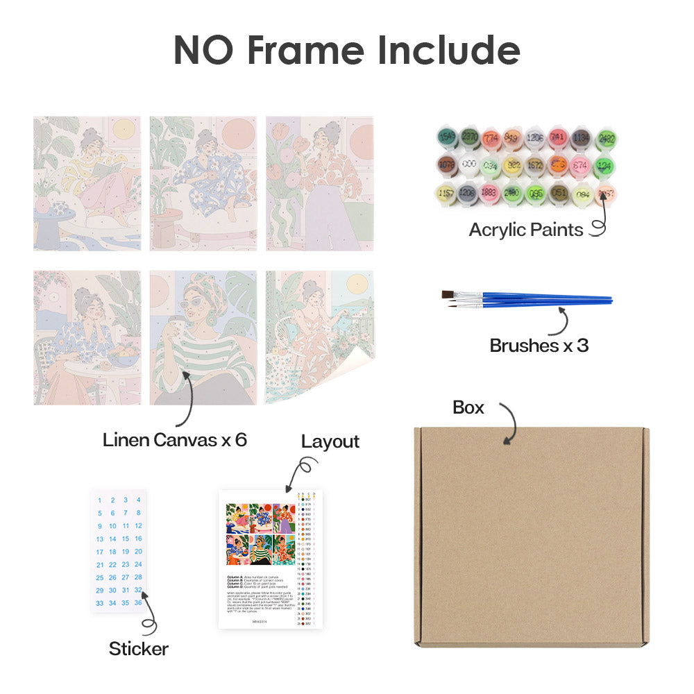 What's included without a frame: six rolled Chic at Home mini canvases, acrylic paints, three brushes and layout