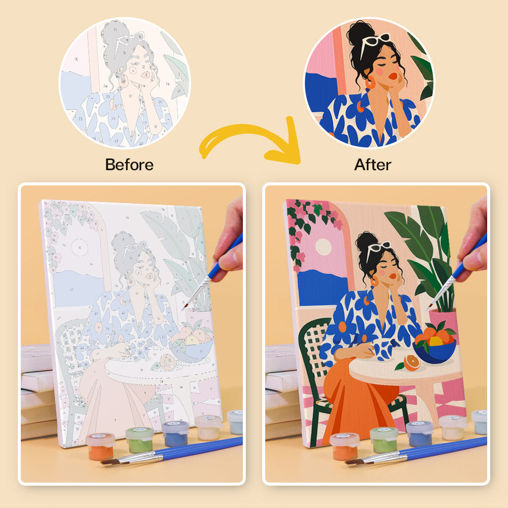 Before and after of a Chic at Home mini paint by numbers canvas