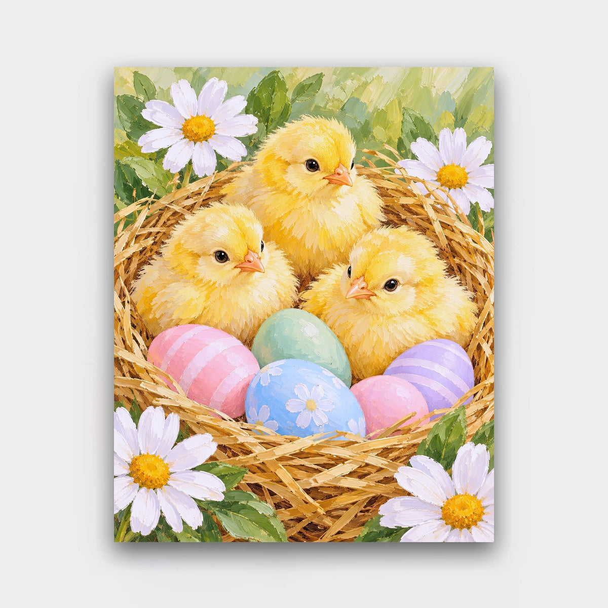 Chicks in the Nest paint by numbers kit of three fluffy yellow chicks in a straw nest with pastel Easter eggs and daisies