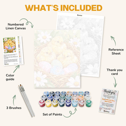 What's included in the Chicks in the Nest paint by numbers kit: numbered linen canvas, reference sheet, color guide, 24 acrylic paints, 3 brushes and thank you card