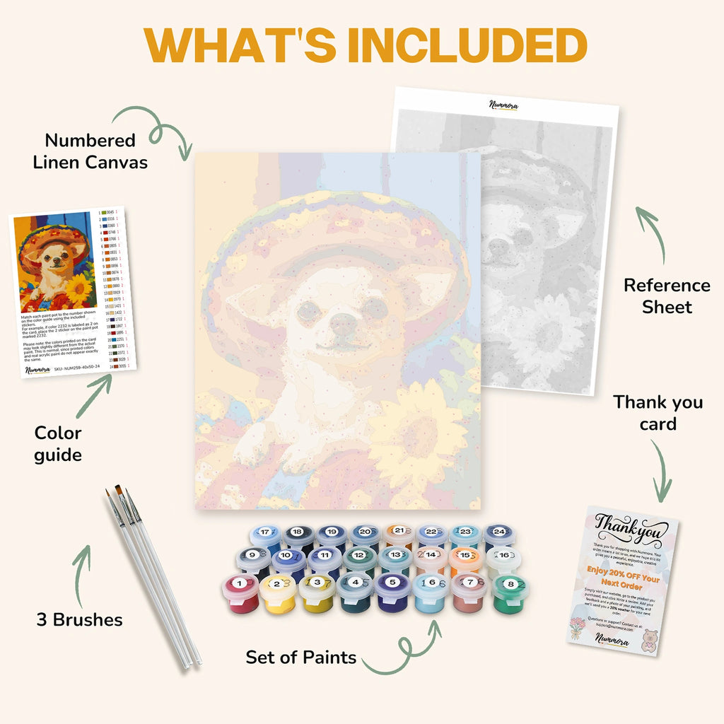 What's included in the Chihuahua Fiesta paint by numbers kit: numbered linen canvas, reference sheet, color guide, 24 acrylic paints, 3 brushes and thank you card