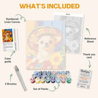 What's included in the Chihuahua Fiesta paint by numbers kit: numbered linen canvas, reference sheet, color guide, 24 acrylic paints, 3 brushes and thank you card