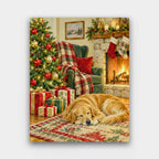 Christmas by the Fire paint by numbers kit of a golden retriever asleep by a decorated tree and a lit stone fireplace with stockings