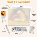 What's included in the Christmas Miracle Scene paint by numbers kit: numbered linen canvas, reference sheet, color guide, 24 acrylic paints, 3 brushes and thank you card