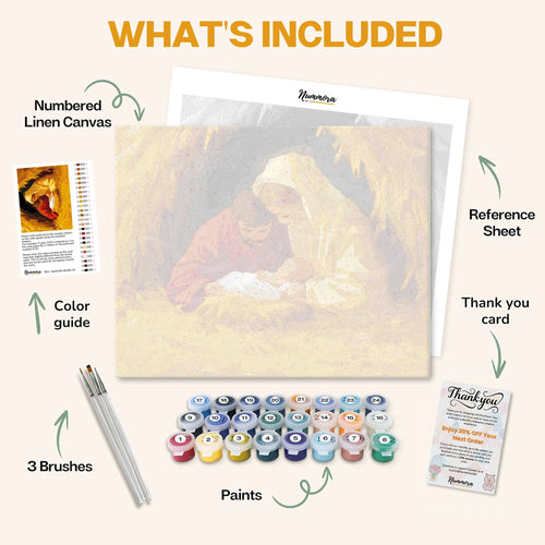 What's included in the Christmas Miracle Scene paint by numbers kit: numbered linen canvas, reference sheet, color guide, 24 acrylic paints, 3 brushes and thank you card