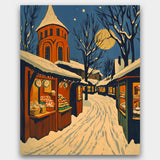 Winter street scene with snow-covered stalls and a church tower under a full moon.