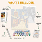 What's included in the Christmas Village Charm paint by numbers kit: numbered linen canvas, reference sheet, color guide, 24 acrylic paints, 3 brushes and thank you card