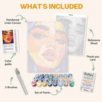 What's included in the Chromatic Diva paint by numbers kit: numbered linen canvas, reference sheet, color guide, 24 acrylic paints, 3 brushes and thank you card