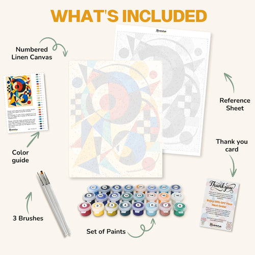 What's included in the Circles in Concert paint by numbers kit: numbered linen canvas, reference sheet, color guide, 24 acrylic paints, 3 brushes and thank you card