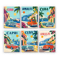 Classic Car Getaways mini paint by numbers set: six vintage travel posters of classic cars in Cuba, Amalfi and Capri