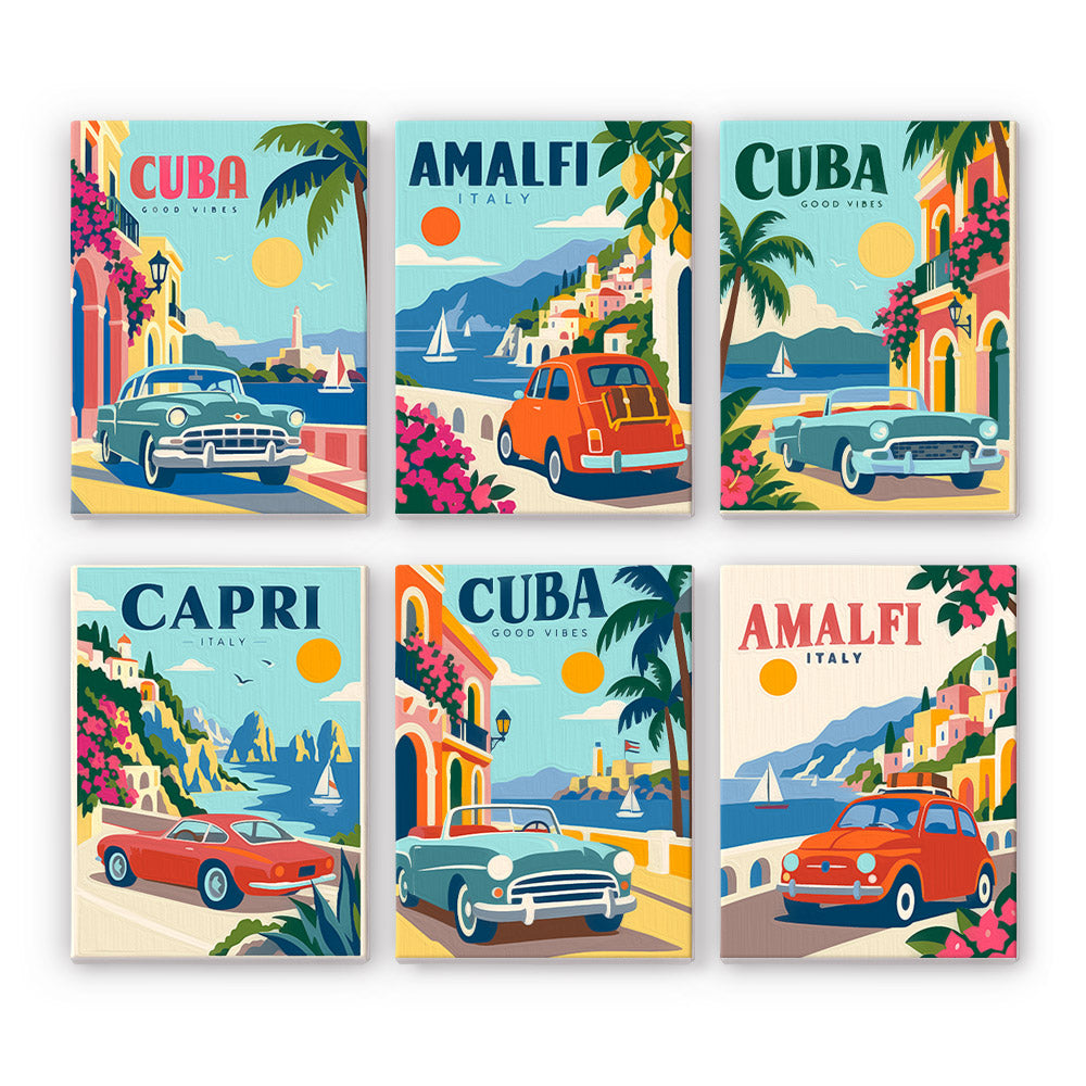 Classic Car Getaways mini paint by numbers set: six vintage travel posters of classic cars in Cuba, Amalfi and Capri
