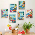 Six finished Classic Car Getaways mini paintings hung on a wall above a table