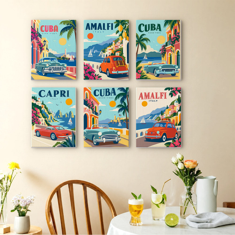 Classic Car Getaways mini paintings displayed as a gallery wall in a sunny kitchen