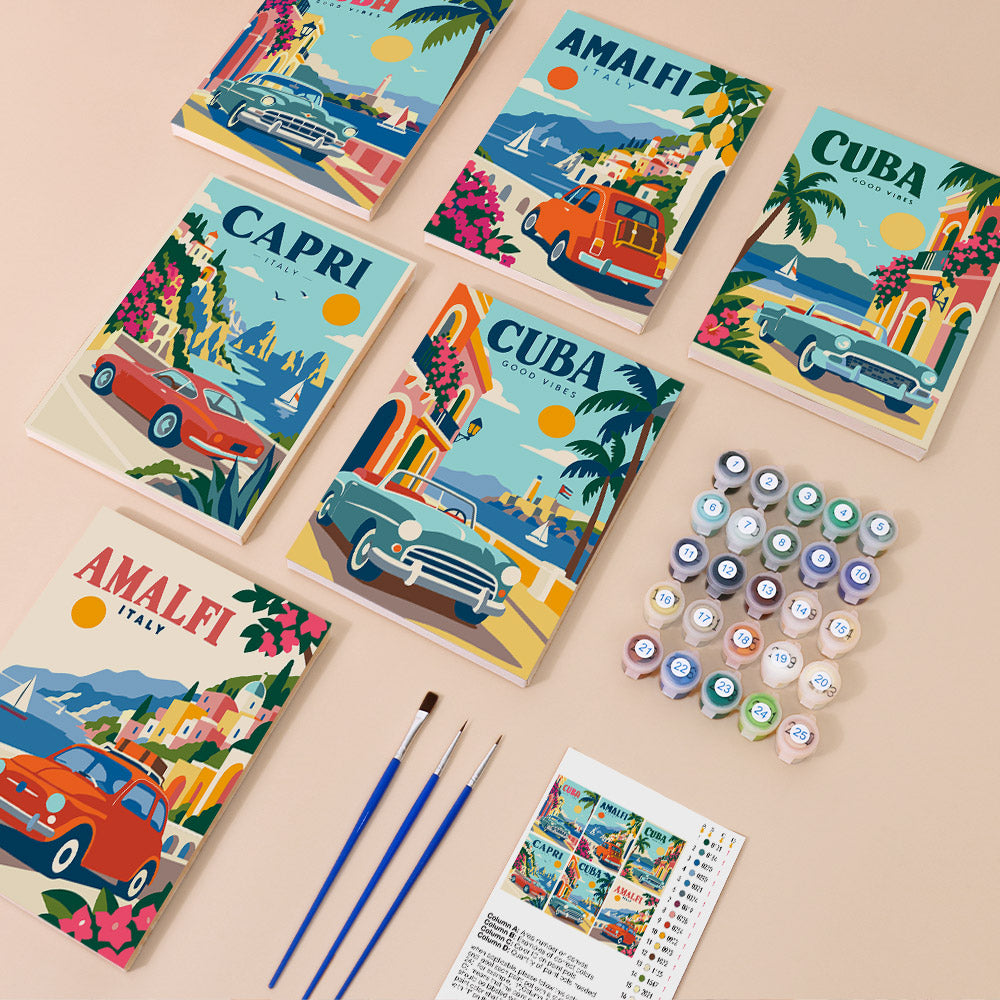 Classic Car Getaways mini paint by numbers kit with six numbered canvases, acrylic paints, brushes and layout