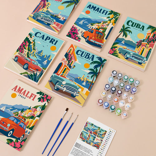 Classic Car Getaways mini paint by numbers kit with six numbered canvases, acrylic paints, brushes and layout