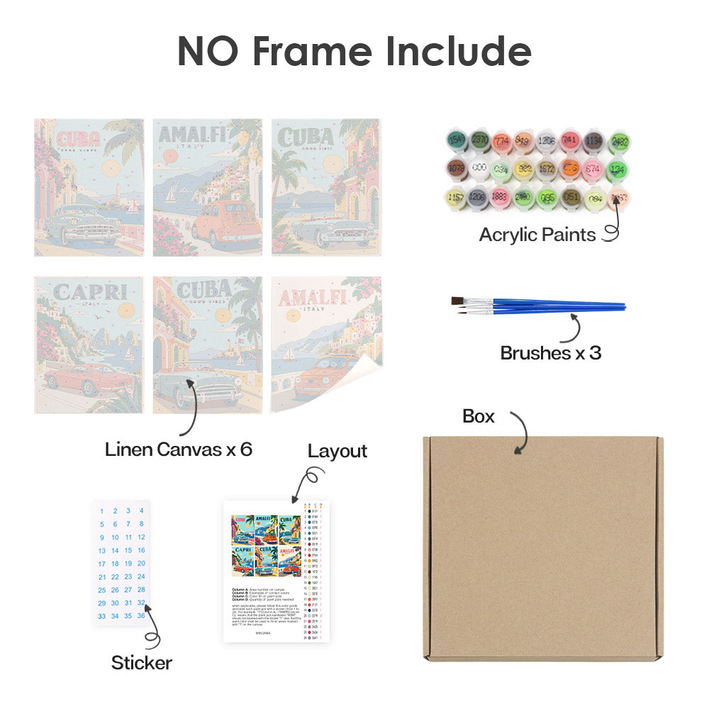 What's included without a frame: six rolled Classic Car Getaways mini canvases, acrylic paints, three brushes and layout