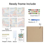 What's included pre-stretched on frame: six framed Classic Car Getaways mini canvases, paints, three brushes, hangers and layout