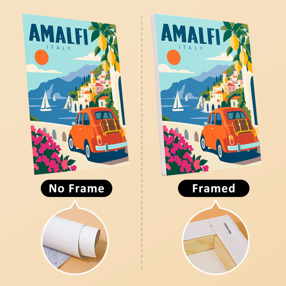 Classic Car Getaways mini canvas shown rolled without a frame and pre-stretched on a frame