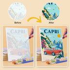 Before and after of a Classic Car Getaways mini paint by numbers canvas