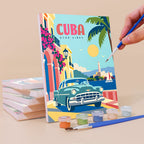 Painting a Classic Car Getaways mini canvas propped up beside numbered acrylic paints