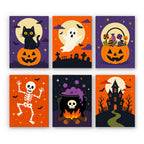 Classic Halloween mini paint by numbers set: six orange and purple designs with a black cat, a ghost, a candy pumpkin, a skeleton, a cauldron and a haunted house