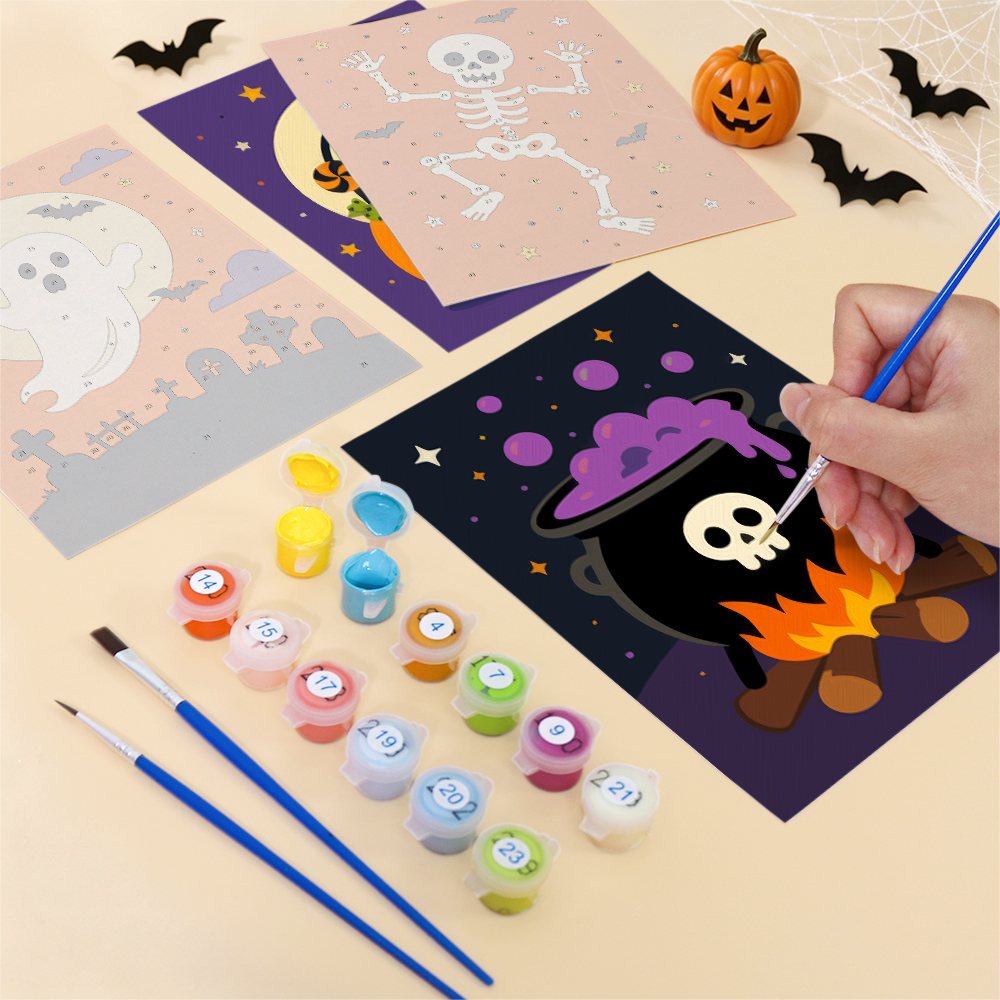 Filling in a Classic Halloween mini canvas with numbered acrylic paints and a fine brush