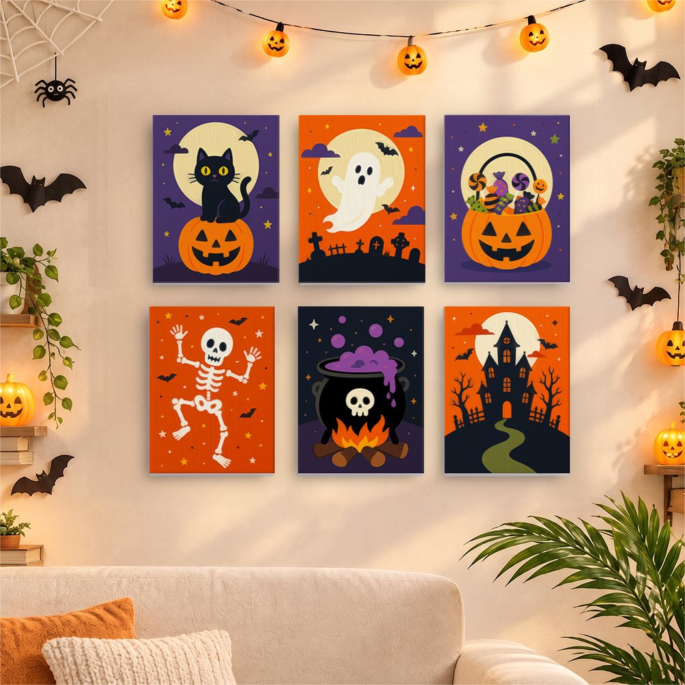 Six finished Classic Halloween mini paintings hung on a wall above a table