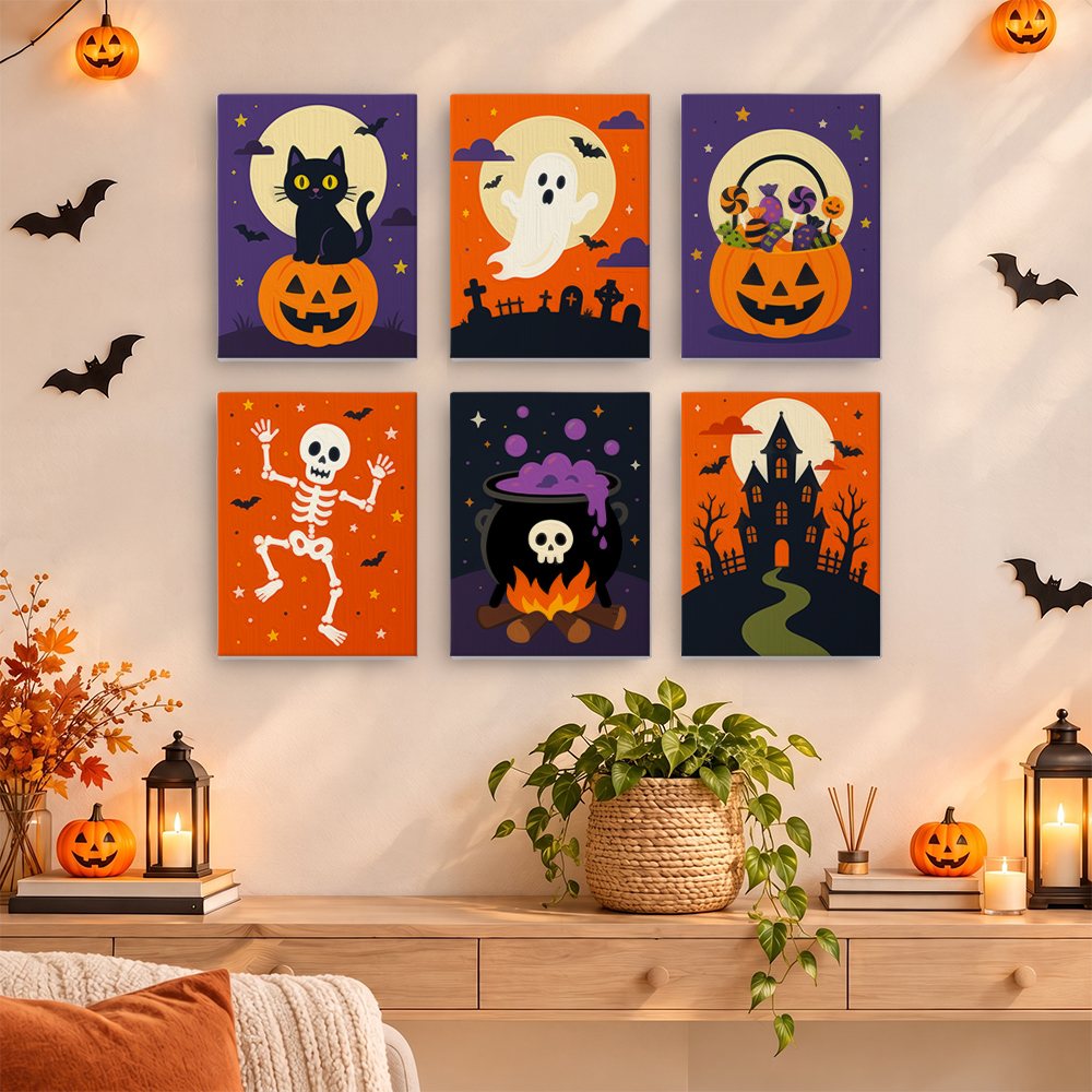 Classic Halloween mini paintings displayed as a gallery wall in a sunny kitchen