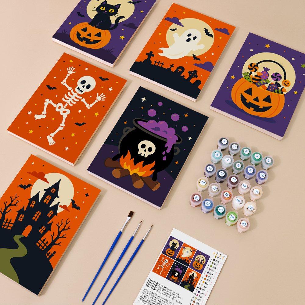 Classic Halloween mini paint by numbers kit with six numbered canvases, acrylic paints, brushes and layout