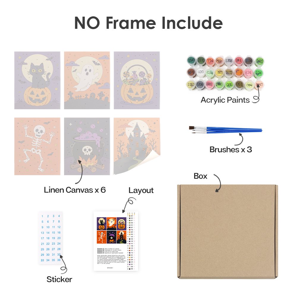 What's included without a frame: six rolled Classic Halloween mini canvases, acrylic paints, three brushes and layout