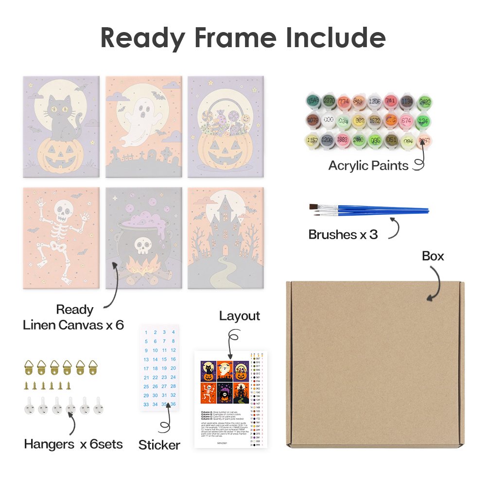 What's included pre-stretched on frame: six framed Classic Halloween mini canvases, paints, three brushes, hangers and layout