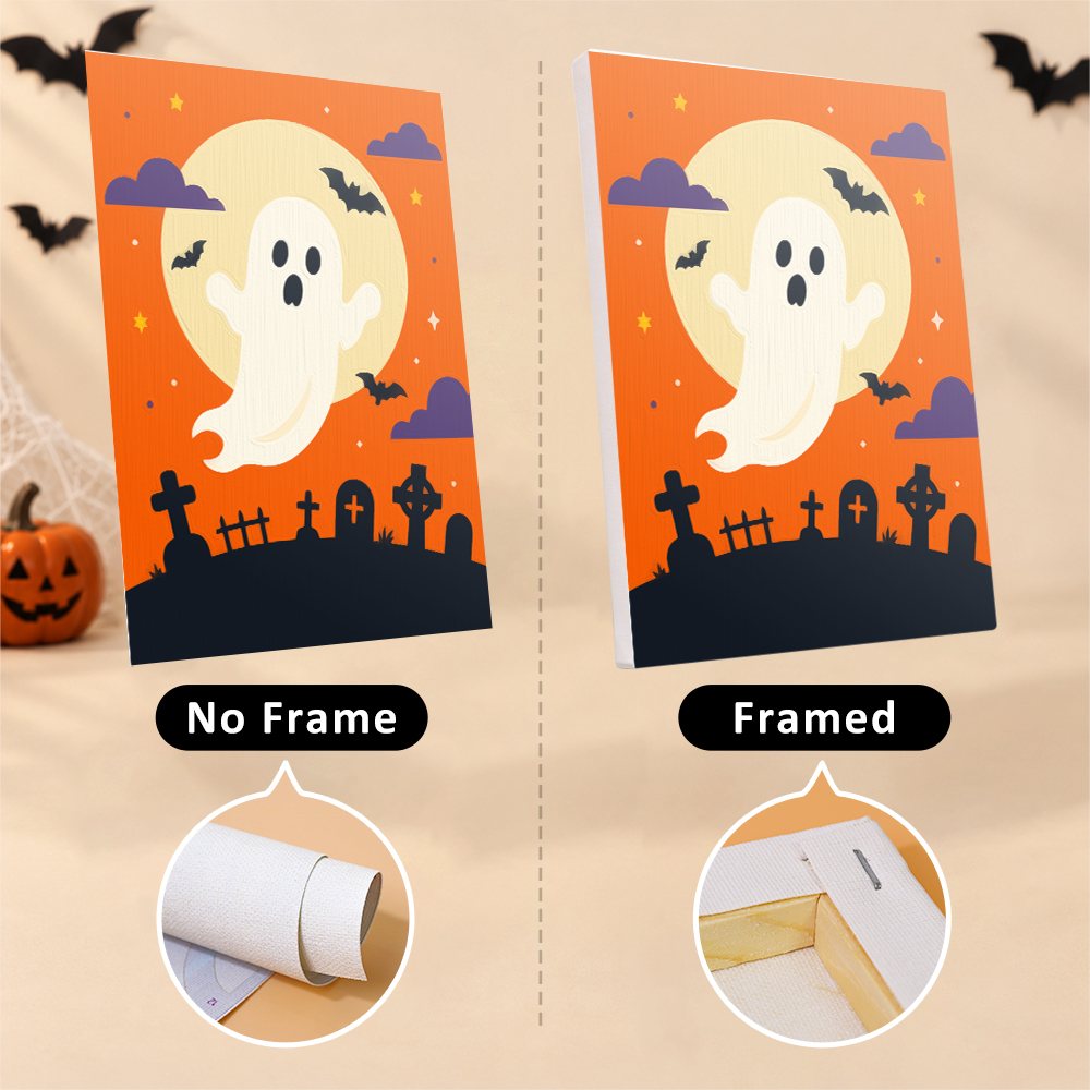Classic Halloween mini canvas shown rolled without a frame and pre-stretched on a frame