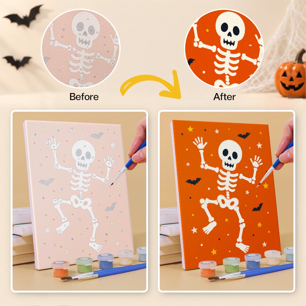 Before and after of a Classic Halloween mini paint by numbers canvas