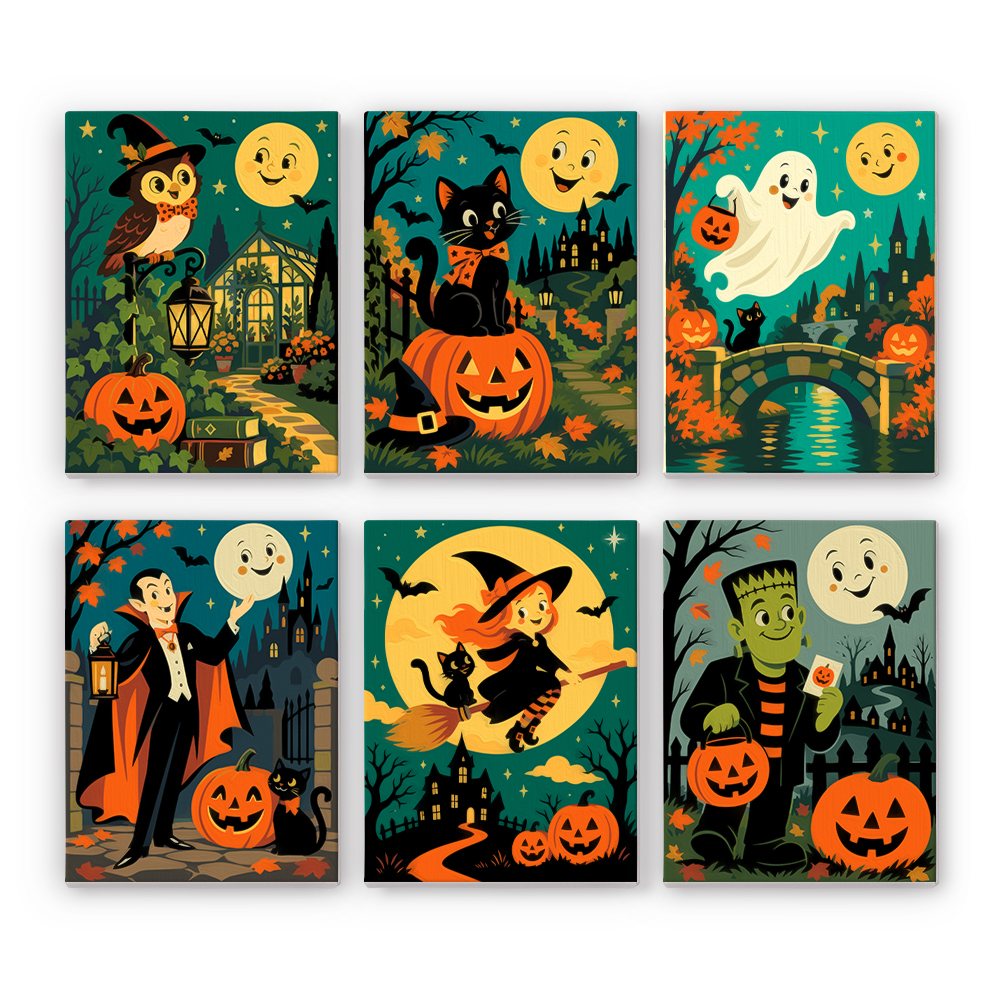 Classic Monster Moon mini paint by numbers set: six vintage Halloween scenes under smiling moons with an owl, black cat, ghost, vampire, witch and green monster
