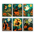 Classic Monster Moon mini paint by numbers set: six vintage Halloween scenes under smiling moons with an owl, black cat, ghost, vampire, witch and green monster